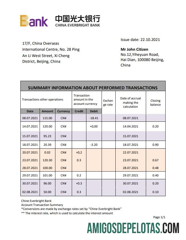 China Everbright modelo de extrato bancário